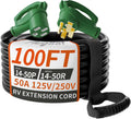 PlugSaf NEMA 14-50P/14-50R 100 FT 50 Amp RV/EV Extension Cord Outdoor with Grip Handle, 4 Prong Flexible Heavy Duty STW RV Power Cord Waterproof, 50A 125/250V 6250/12500W, Black-Green, ETL Listed
