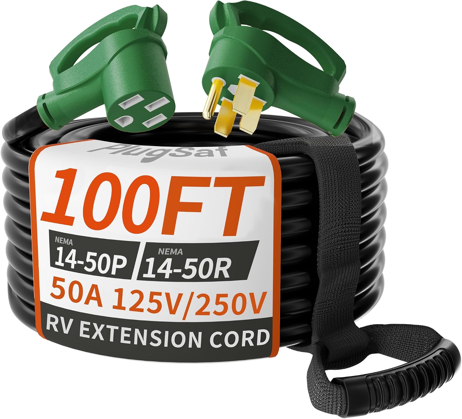 PlugSaf NEMA 14-50P/14-50R 100 FT 50 Amp RV/EV Extension Cord Outdoor with Grip Handle, 4 Prong Flexible Heavy Duty STW RV Power Cord Waterproof, 50A 125/250V 6250/12500W, Black-Green, ETL Listed