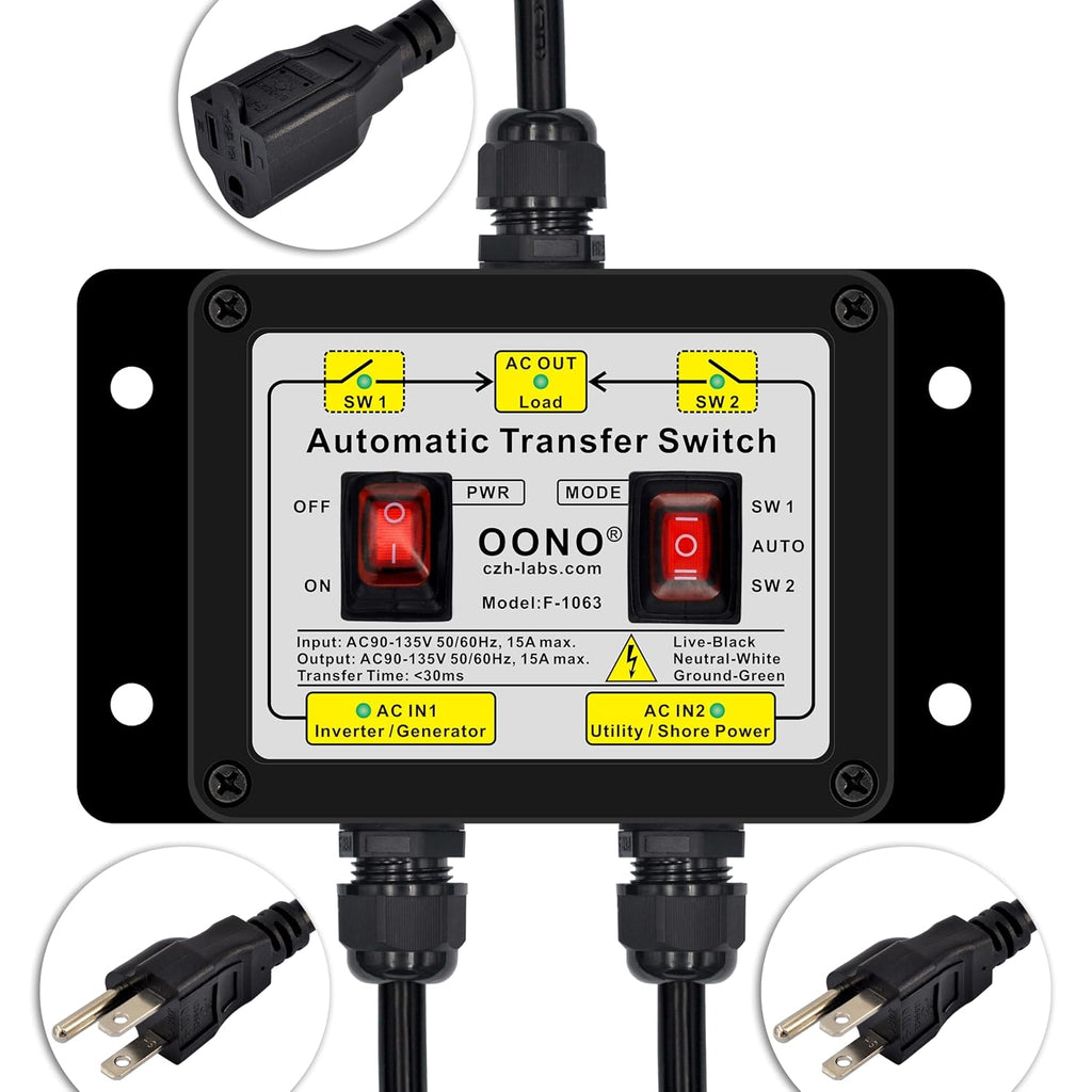 Manual and Automatic Transfer Switch, AC120V 15A ATS Auto Transfer Switch (NEMA 5-15P + 5-15R)