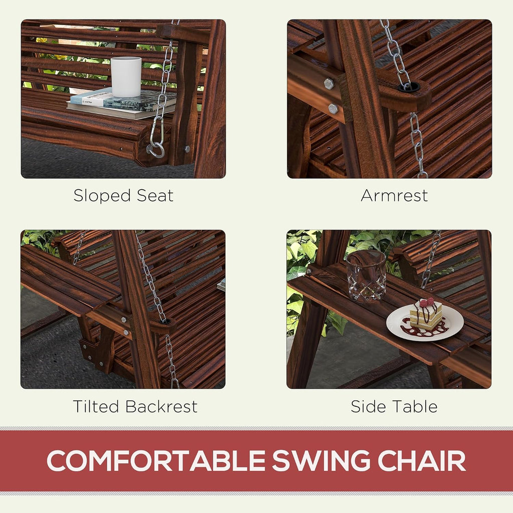 Outsunny 2-Seat orch Swing with Stand, Wooden Patio Swing Chair with Side Tables and Metal Chains, Outdoor Hanging Bench for Garden, Poolside, Backyard, Carbonized
