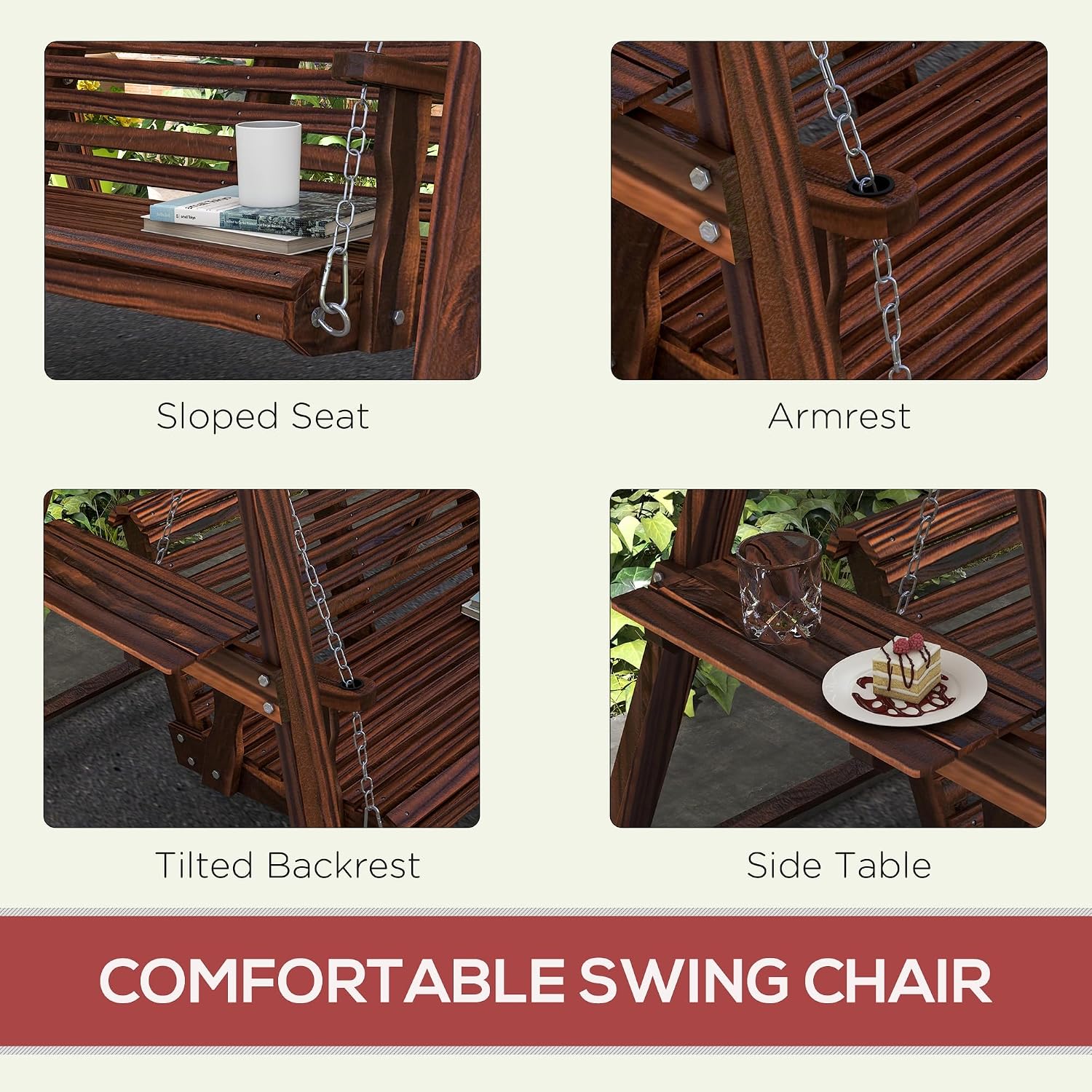 Outsunny 2-Seat orch Swing with Stand, Wooden Patio Swing Chair with Side Tables and Metal Chains, Outdoor Hanging Bench for Garden, Poolside, Backyard, Carbonized