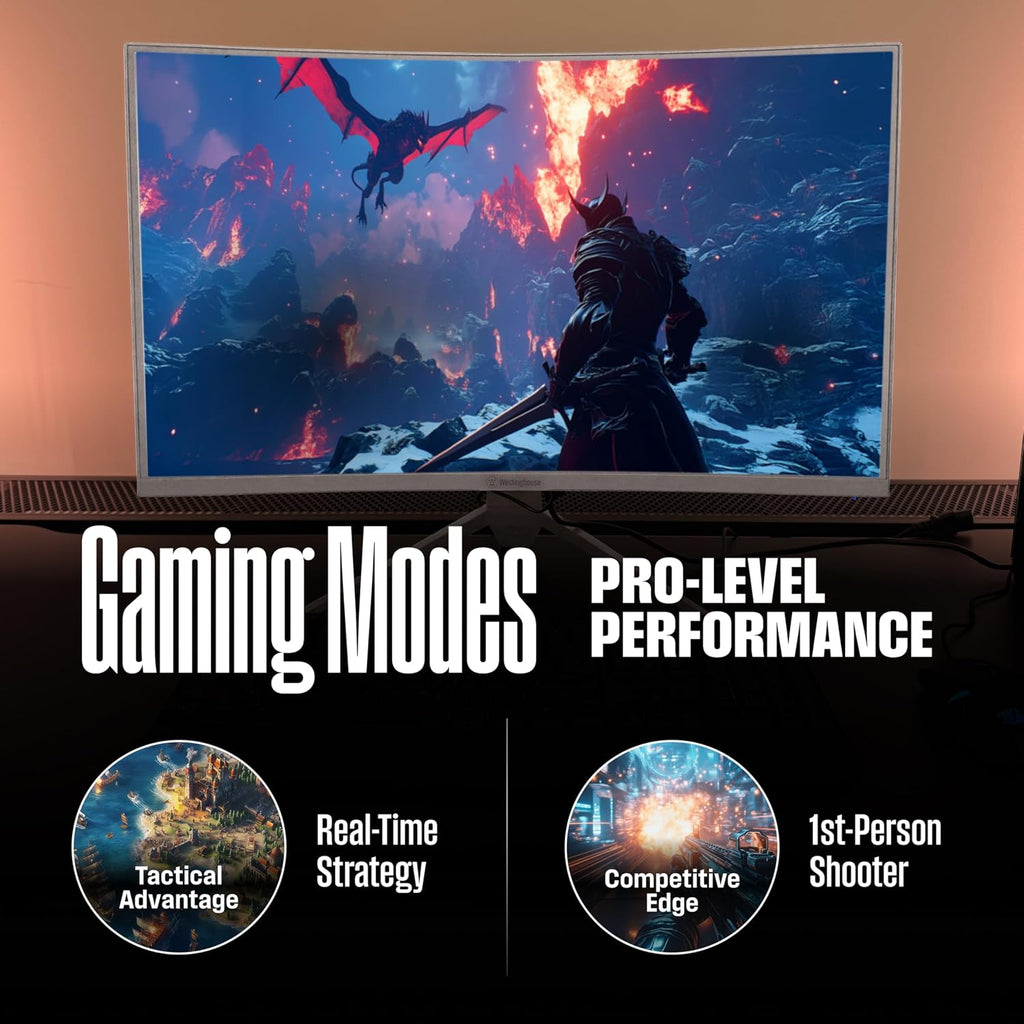 Westinghouse 27 Inch Curved Gaming Monitor, 200Hz, 1ms, FHD 1080P, 3000:1 Contrast Ratio, 118% sRGB, 1500R, AMD FreeSync, Eyecare, for PC Games with Built-in Speakers, DisplayPort, HDMIx2-White