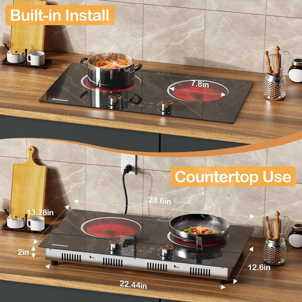 Karinear Electric Cooktop 2 Burner, 110V Electri Stove Top, 2000W Knob Control & Sensor Touch Electric Hot Plate for Countertop or Built-in Install, Timer, Safety Lock, 9 Power Level, 24 Inch