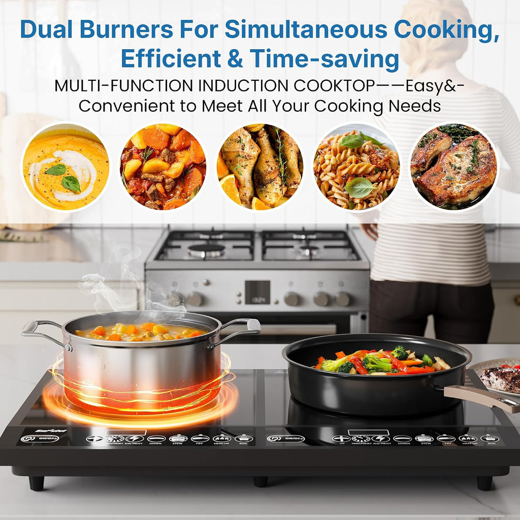 Commercial Double Burner Electric Induction Cooktop, 1000W+800W Dual Induction Hot Plate, 8 Power & 8 Temp Setting, Professional Countertop Burner Stove with Timer, LED Screen, Black