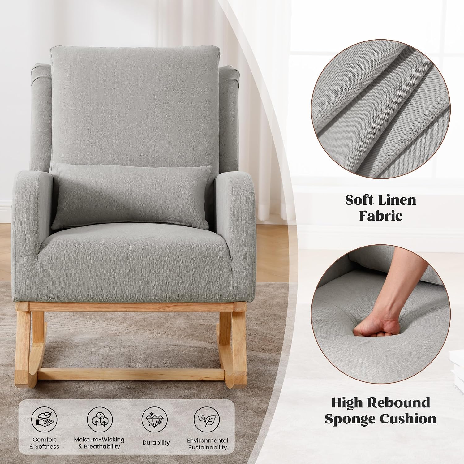 HCHAIRH Rocking Chair Nursery, Upholstered Fabric Nursing Rocking Chairs with Lumbar Pillow, Modern Nursery Glider Rocker Morden Accent Rocking Chair for Mom Nursery, Living Room, Bedroom, Grey