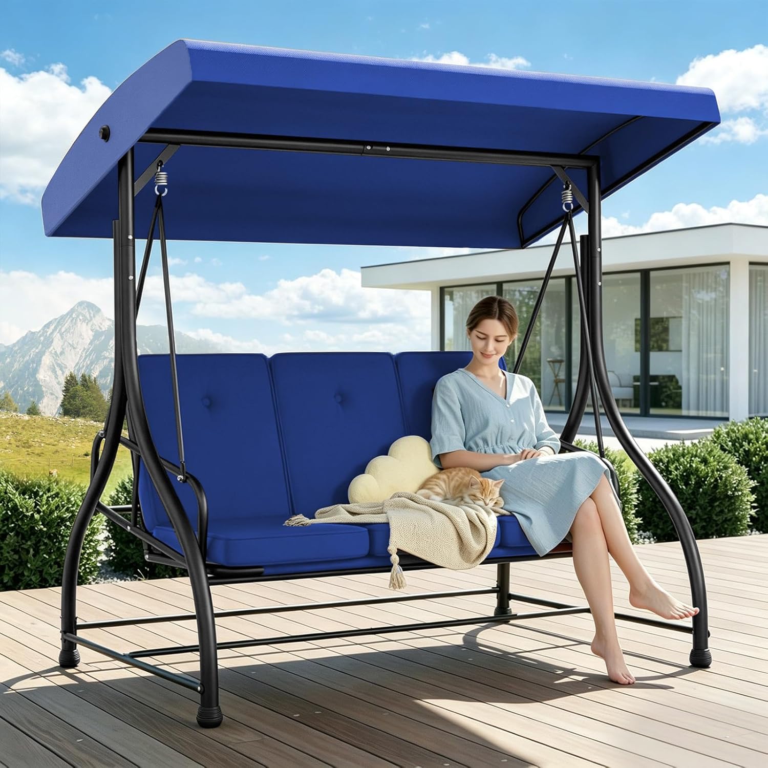 3-Seat Porch Swing Bed with Adjustable Canopy & Removable Cushions, Heavy Duty Steel Frame Outdoor Patio Swings Glider Chair for Backyard, Garden, Deck, Blue