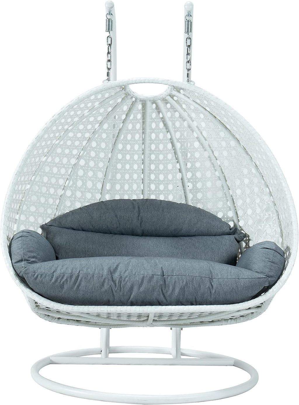 LeisureMod 2 Person Hanging Egg Chair, Indoor Outdoor Patio Lounge Swing with White Stand & UV-Resistant Cushions, Hammock Chair for Bedroom & Garden, Charcoal Blue