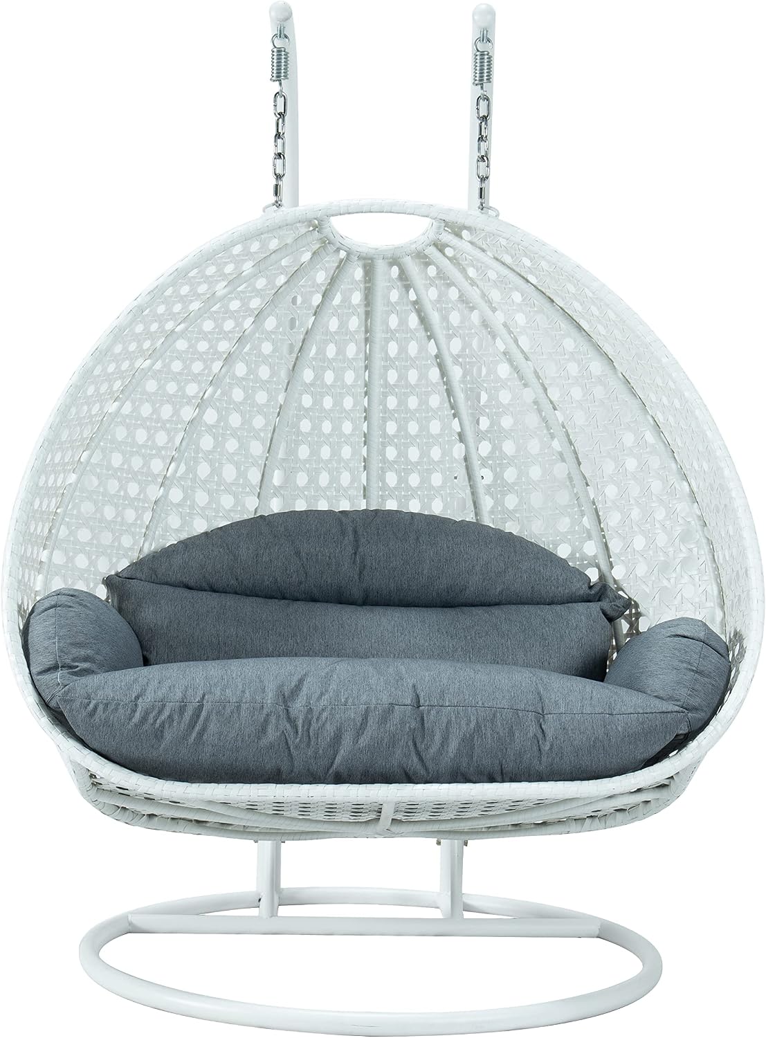 LeisureMod 2 Person Hanging Egg Chair, Indoor Outdoor Patio Lounge Swing with White Stand & UV-Resistant Cushions, Hammock Chair for Bedroom & Garden, Charcoal Blue