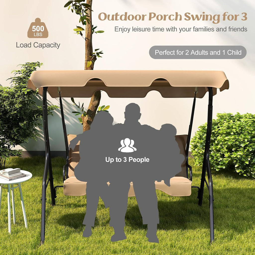 Tangkula 3 Person Porch Swing, Patio Swing with Removable Cushion & Powder-Coated Steel Frame, Outdoor Swing with Canopy for Porch, Backyard, Garden, Balcony (Beige)