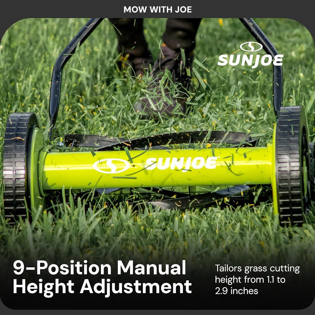 Sun Joe Manual Push Reel Lawn Mower with 9 Adjustable Positions, 14-Inch Cutting Width - Heavy-Duty Yard Trimming Machine for Gardening Care and Maintenance, MJ503M