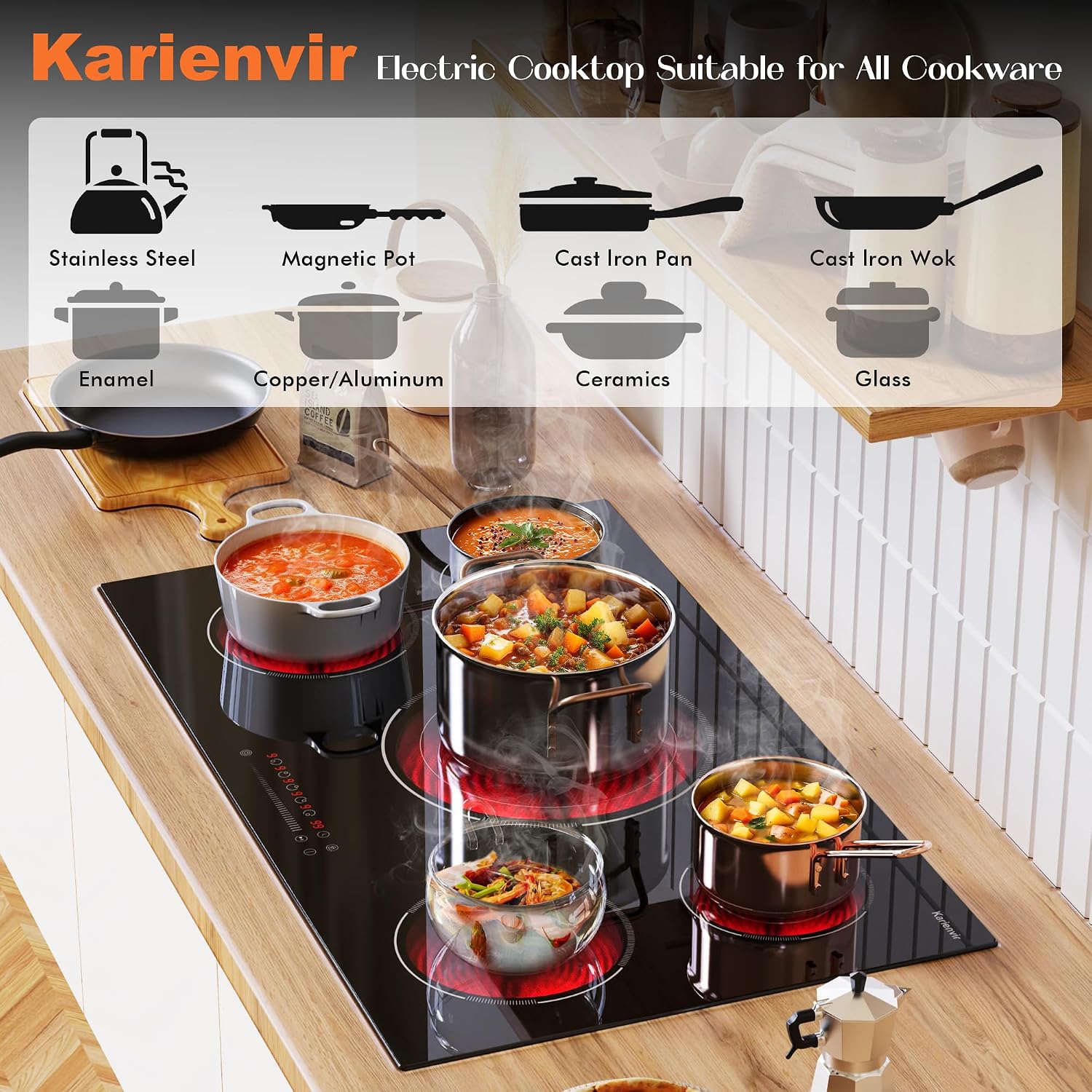 36 Inch Electric Cooktop, 5 Burner Electric Cooktop Bulit in, 9200W, 9 Power Levels, Electrics Stove with Timer, Safety Lock, Pause, 220V-240V Hard Wire