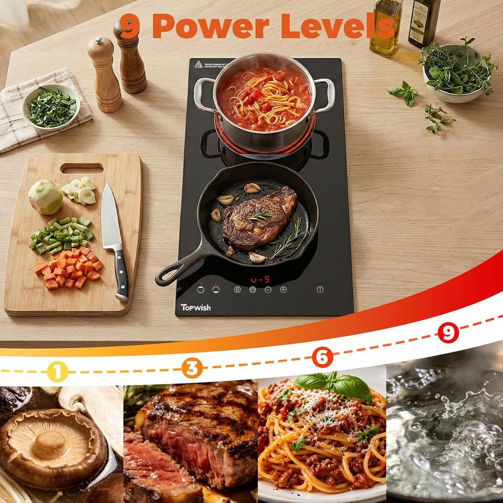 TOPWISH 12 Inch Electric Cooktop, 2 Burners Built-in Electric Stove Top Hot Plate, Drop-in Ceramic Cooktop Kitchen Stoves with Touch Control, Safety Lock, Timer, Overheat Protection, 120V Plug in