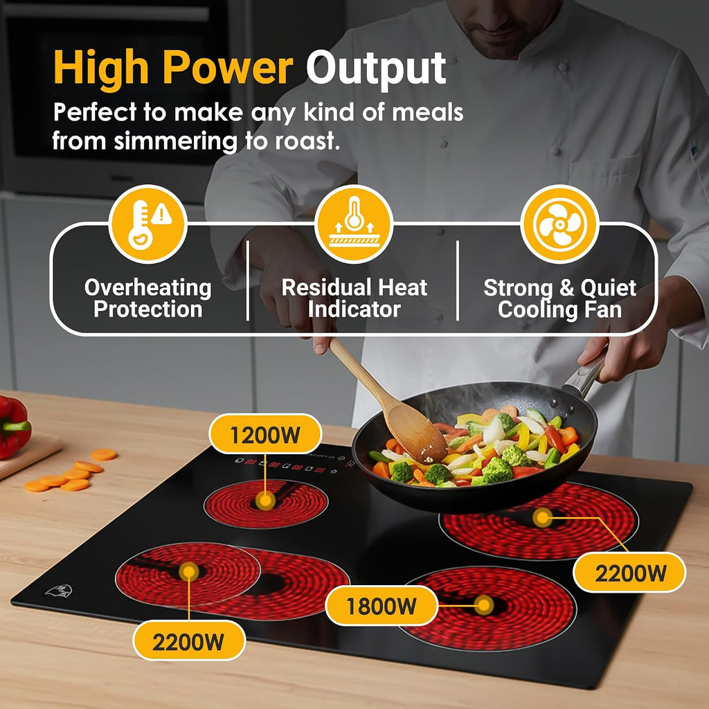 K&H 4 Burner Electric Cooktop - 24 Inch Built-In Radiant Ceramic Stove Top - 17 Power Levels & Touch Control, Compatible with All Cookware, 240V, 7200W High-Power Built-in Electric Stove, CE24-7206SL