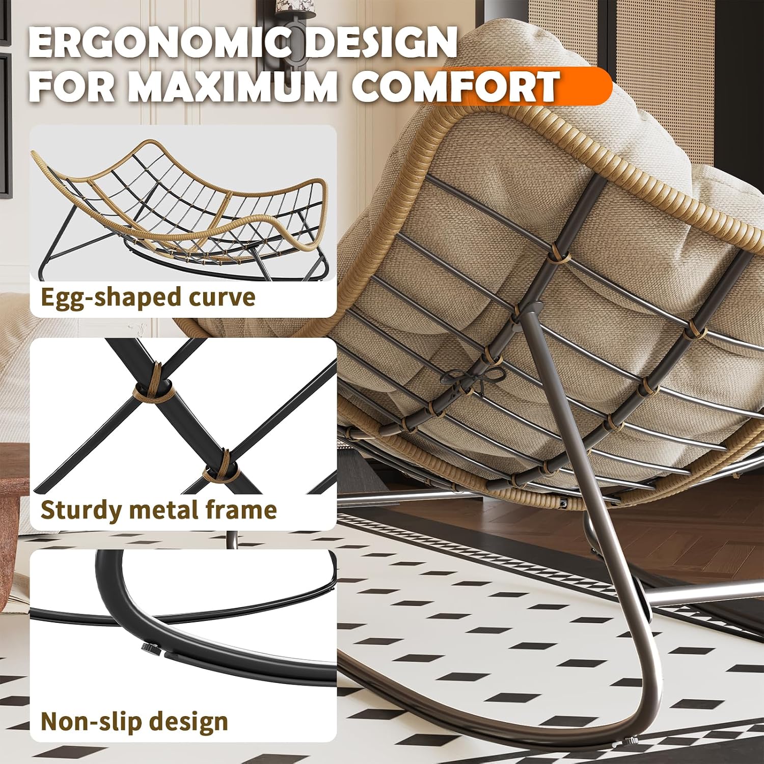 Outdoor Rocking Chair, 2 PCS Indoor Papasan Chairs, Oversized Egg Rocking Chair with Thick Cushion, Rattan Wicker Rocker Lounge Chair for Bedroom, Living Room, Patio, Garden, Porch (Beige)