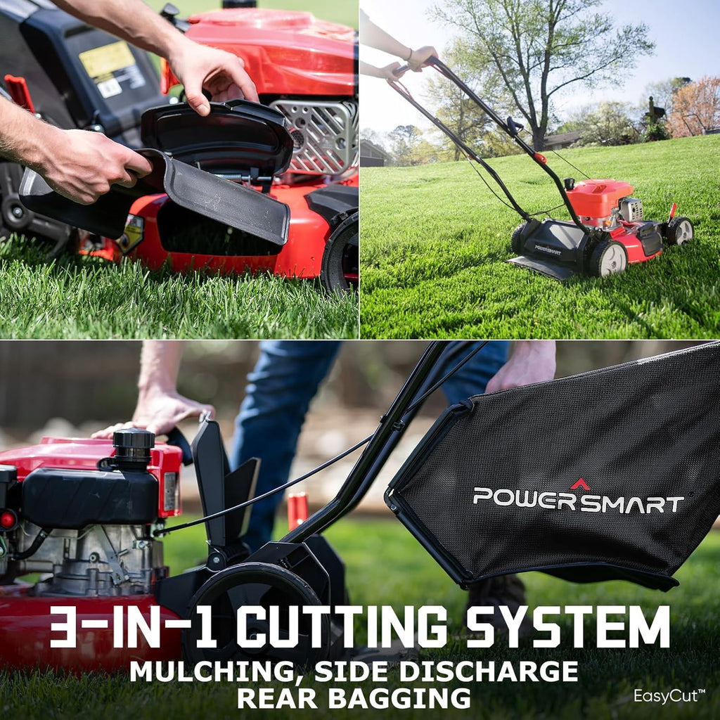 PowerSmart EasyCut 18-Inch Gas Lawn Mower, 144cc 4-Stroke OHV Engine, Push Walk-Behind, 3-in-1 Mulch/Bag/Side Discharge, Steel Deck, 6 Height Adjustment