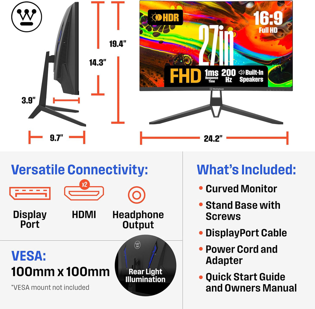 Westinghouse 27 Inch Curved Gaming Monitor, 200Hz, 1ms, FHD 1080P, 3000:1 Contrast Ratio, 118% sRGB, 1500R, AMD FreeSync, Eyecare, for PC Games with Built-in Speakers, DisplayPort, HDMIx2-Black