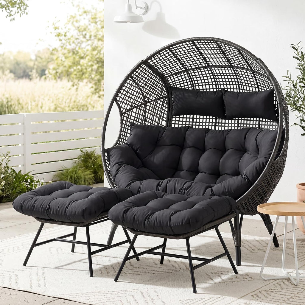 NICESOUL Stationary Egg Chair Indoor Outdoor Wicker Oversized Thick Cushions Egg Shaped Loveseat Chair, Egg Basket Lounge Chair with Ottoman Footrest for Patio Balcony Porch Bedroom Gray