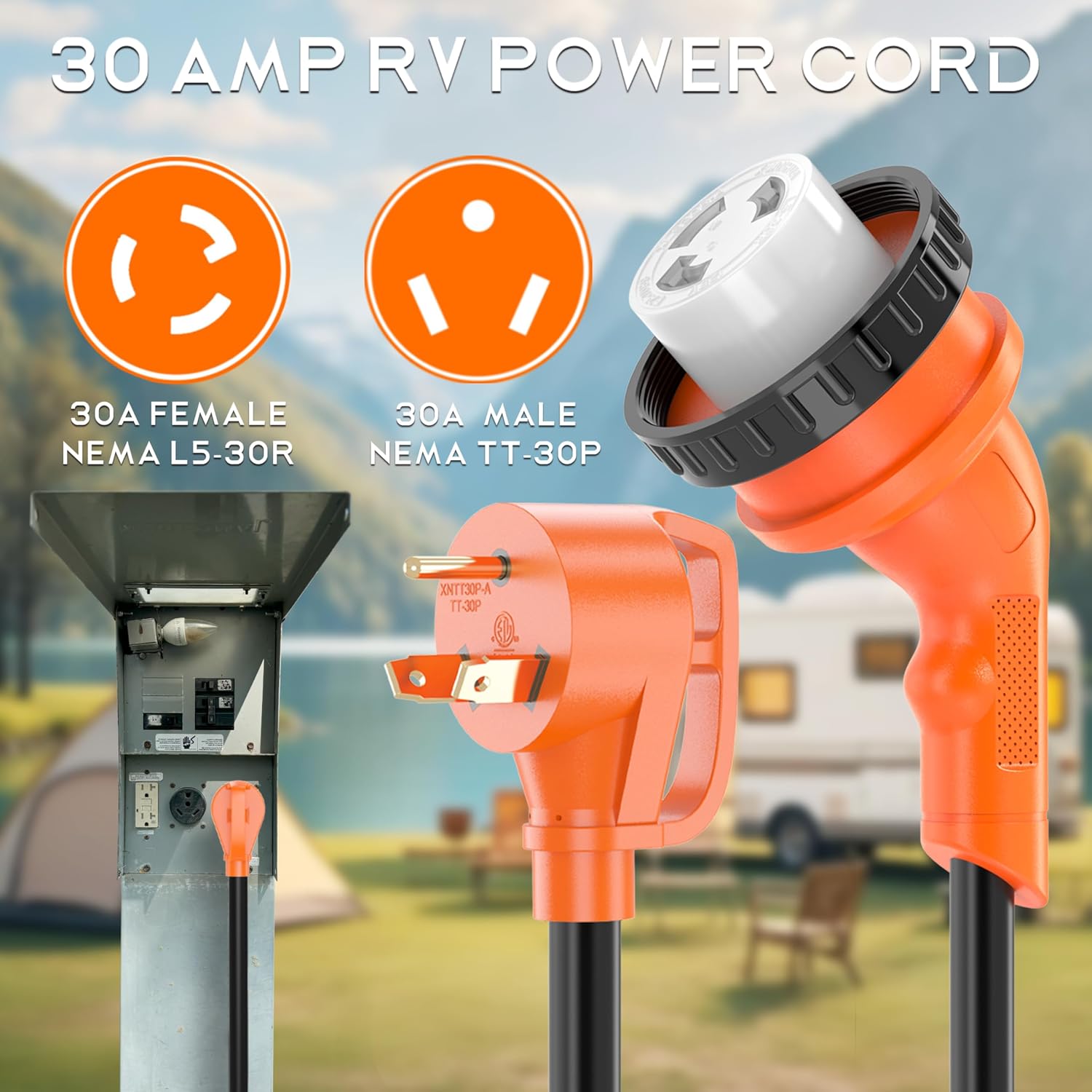 30 Amp 100 Feet RV Power Cord with 135° Designed Handle and Twist Locking Connector, Heavy Duty 10 Gauge STW Pure Copper Wire, NEMA TT-30P to L5-30R with Cord Organizer for RV Trailer Campers