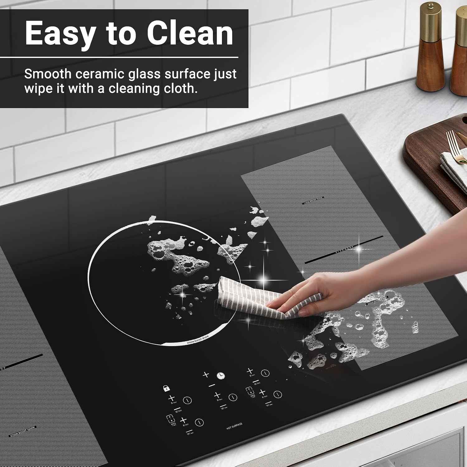 36 Inch Induction Cooktop, AMZCHEF Built-in Electric Stove Top with 5 Boost Burners Bridge Function, 240V/10800W, ETL Certified, 9 Power Level, Keep Warm, Timer, Safety Lock