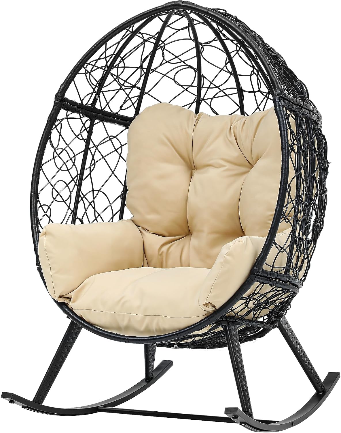 DWVO Wicker Rocking Egg Chair, Oversized Indoor Outdoor Rattan Rocking Chair, Indoor Outdoor Lounger for Patio, Backyard, Living Room, Black & Beige