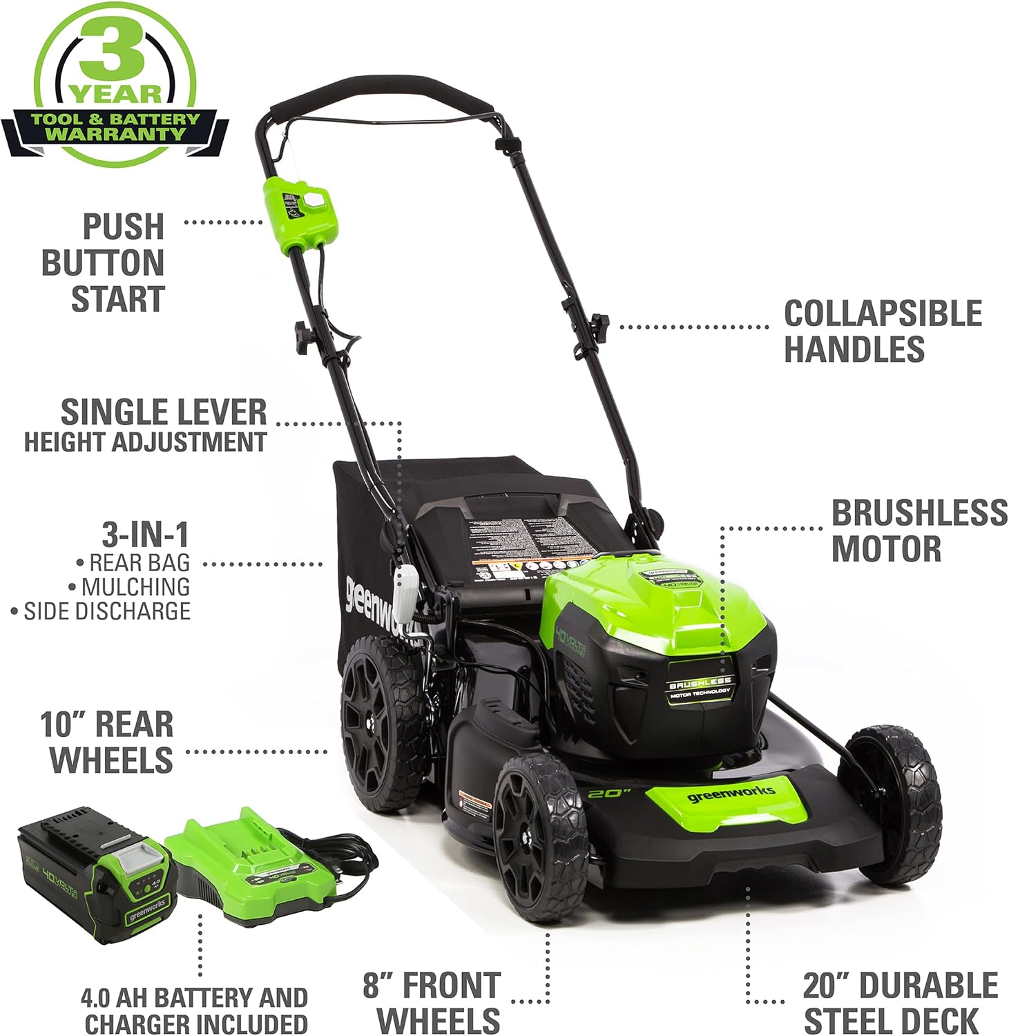 Greenworks 40V 20' Cordless Lawn Mower (Push), Axial Leaf Blower (500 CFM / 120 MPH),12' String Trimmer with 2 Batteries(5Ah+2Ah) and Chargers