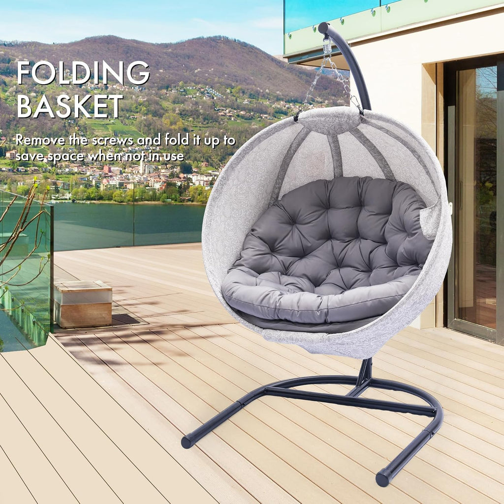 Hanging Egg Chair with Stand - Hanging Ball Chair W/Plush Cushions,Weather-Resistant Fabric, Indoor Outdoor Foldable Swing Chair for Patio, Balcony, Yard & Living Room,(Gesar Flower Gray)