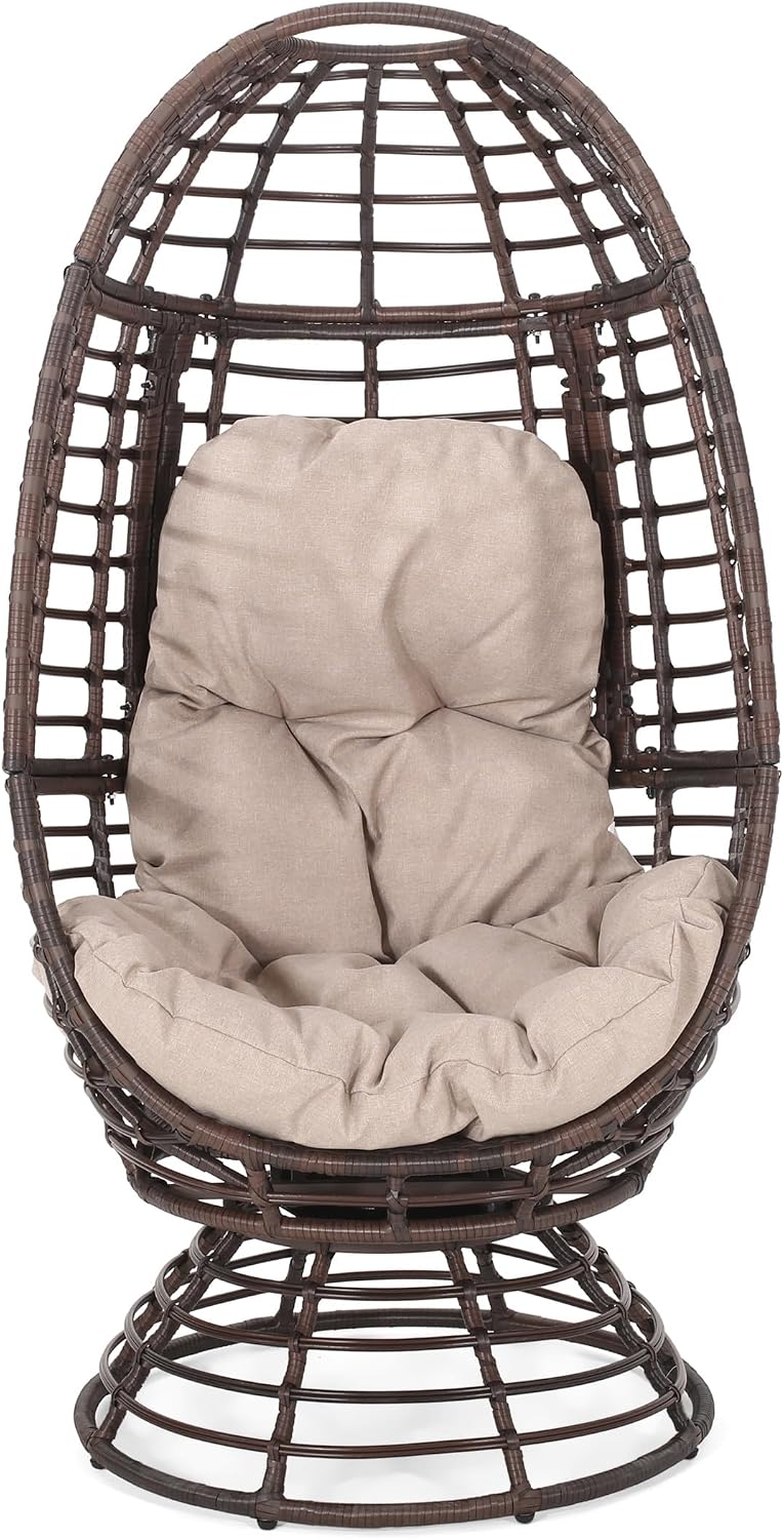 Wicker Egg Chair, Wicker Lounge Chair with Water Resistant Cushion, Indoor Outdoor Lounger for Patio, Backyard, Living Room (Dark Brown)