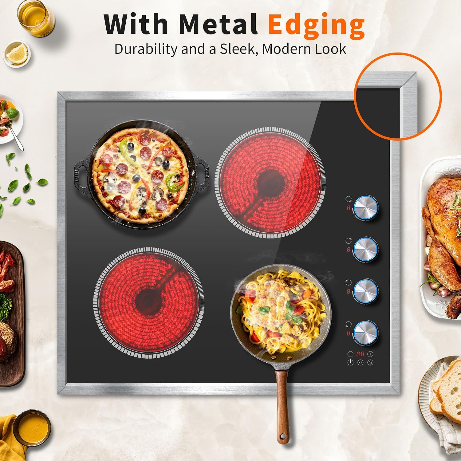 4 Burner Electric Cooktop, 24 Inch Electric Stove 6000W, 220V-240V Built-in Ceramic Stovetop with Knob Control, Child Lock, Timer Control, Residual Heat Indicator, Hard Wire(No Plug)