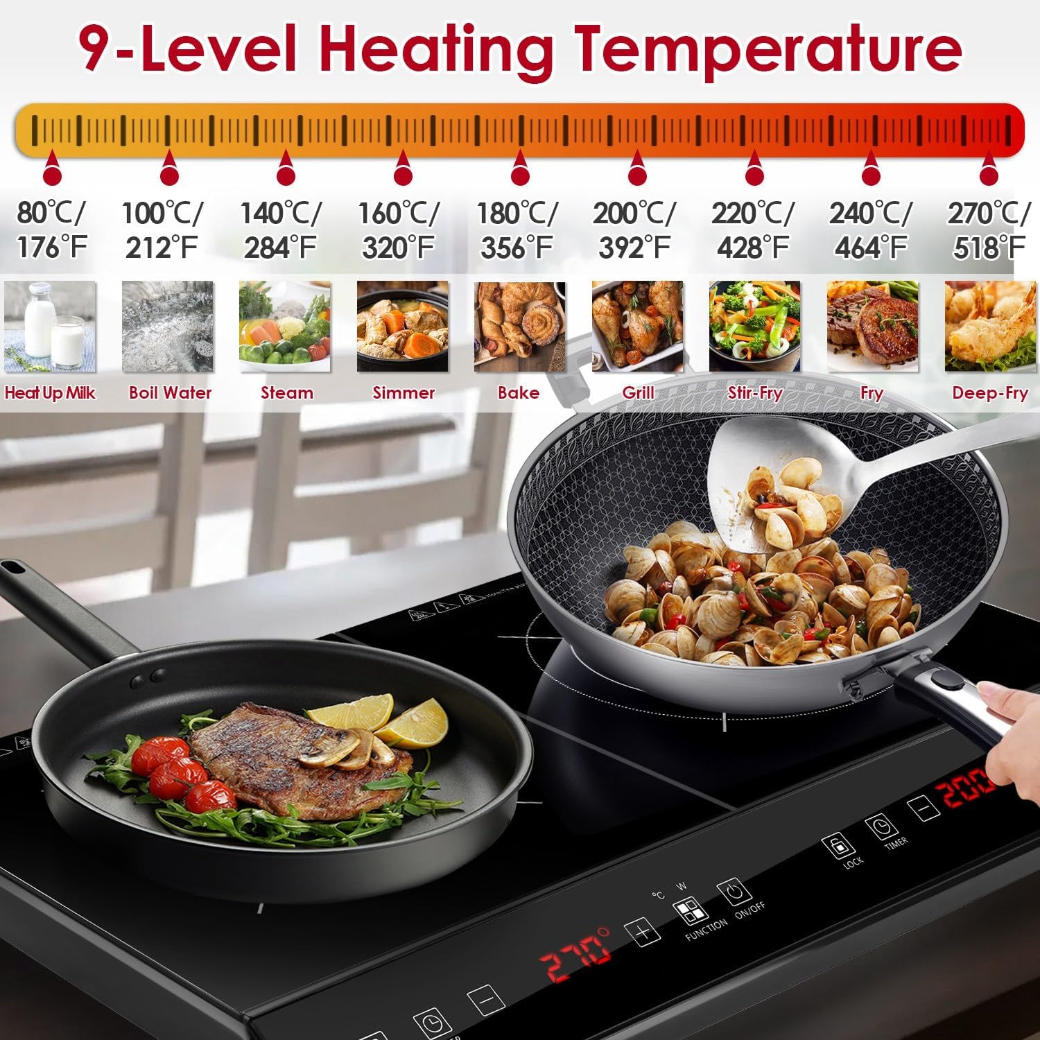 Double Induction Cooktop, 4000W Portable Induction Cooker with 2 Burner Independent Control, Electric Stove with 9 Level Temperature Control, 3 Hour Timer, Safety Lock