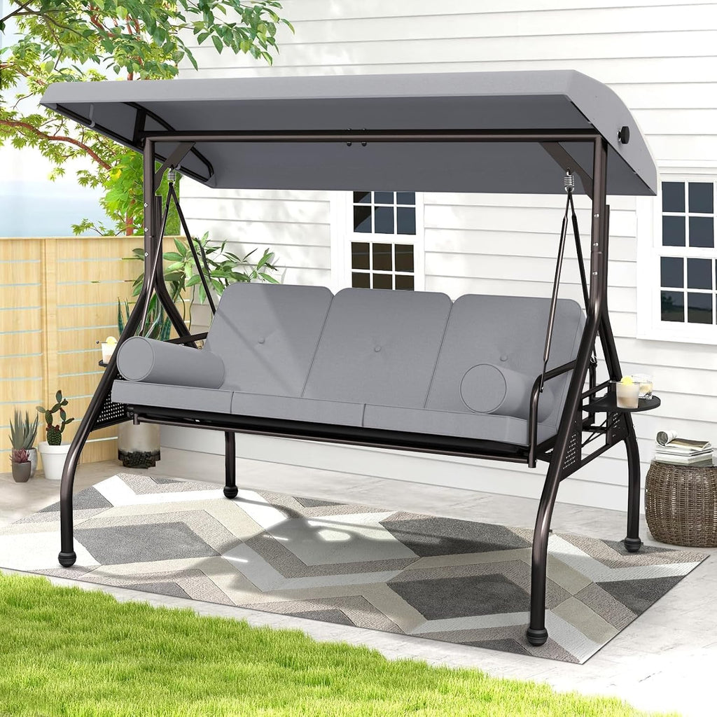 Betterland 3-Seat Patio Swing Chair, Outdoor Porch Swing with Cushions,Pillows & Cup Holders, Adjustable Canopy Outside Bench Swing for Backyard, Garden, Porch (Grey)