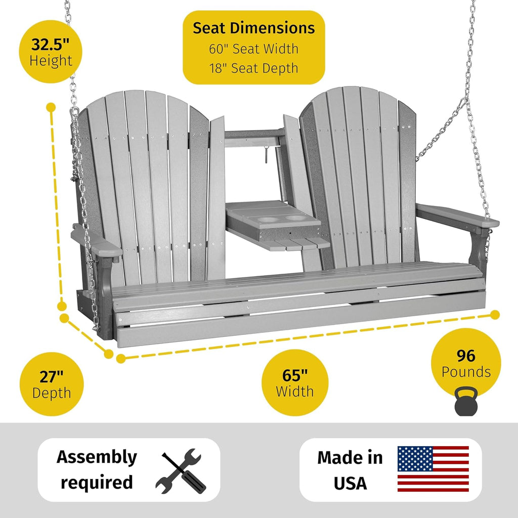 LuxCraft 5' Adirondack Hanging Porch Swing with Flip Down Console, Outdoor Patio Swing, Front Porch Swing, Outdoor Swing Bench (Weatherwood)