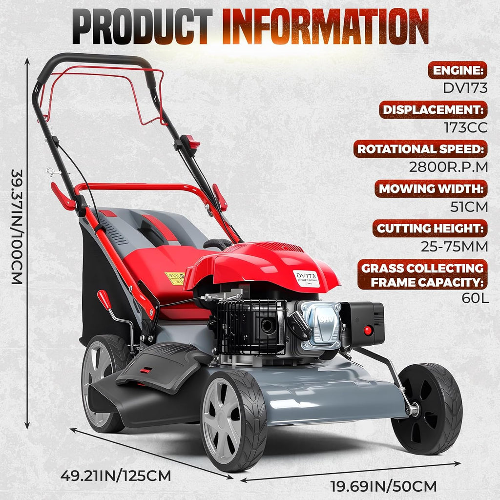Self Propelled Gas Lawn Mower 20-Inch with 60L Grass Bag - 173cc Gas Powered Engine for Hills & Thick Grass 3-in-1 Mulch/Bag/Side-Discharge, Rear Wheel Drive for Uneven Yards