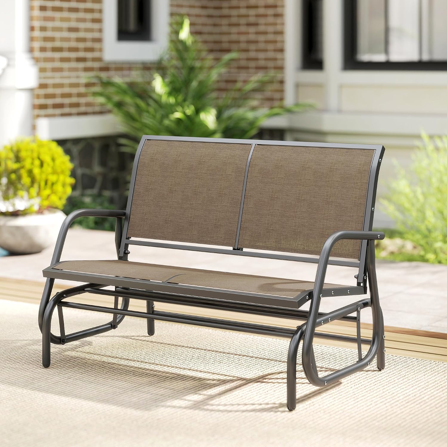 Outsunny 2-Person Outdoor Glider Bench, Patio Double Swing Rocking Chair Loveseat w/Powder Coated Steel Frame for Backyard Garden Porch, Light Mixed Brown