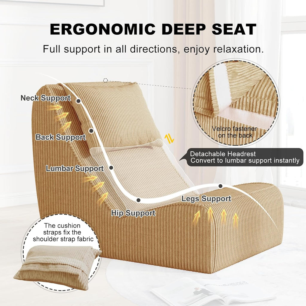 Giant Bean Bag Chair for Adults,Corduroy Chaise Lounge with Unrivaled Back Support, Detachable Neck Pillow, Comfortable Ottoman & Washable Cover for Living Room, Bedroom, Garden (Camel)