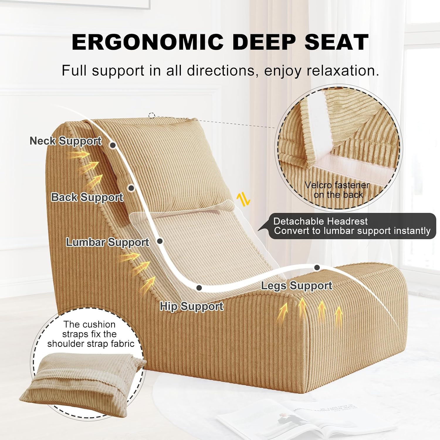 Giant Bean Bag Chair for Adults,Corduroy Chaise Lounge with Unrivaled Back Support, Detachable Neck Pillow, Comfortable Ottoman & Washable Cover for Living Room, Bedroom, Garden (Camel)
