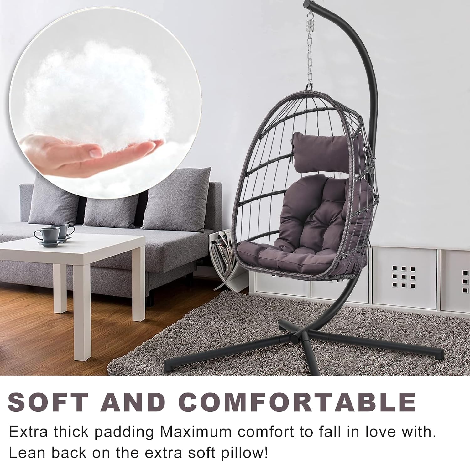 Indoor Outdoor Patio Wicker Hanging Chair Swing Chair Patio Egg Chair UV Resistant Cushion Aluminum Frame (Grey)