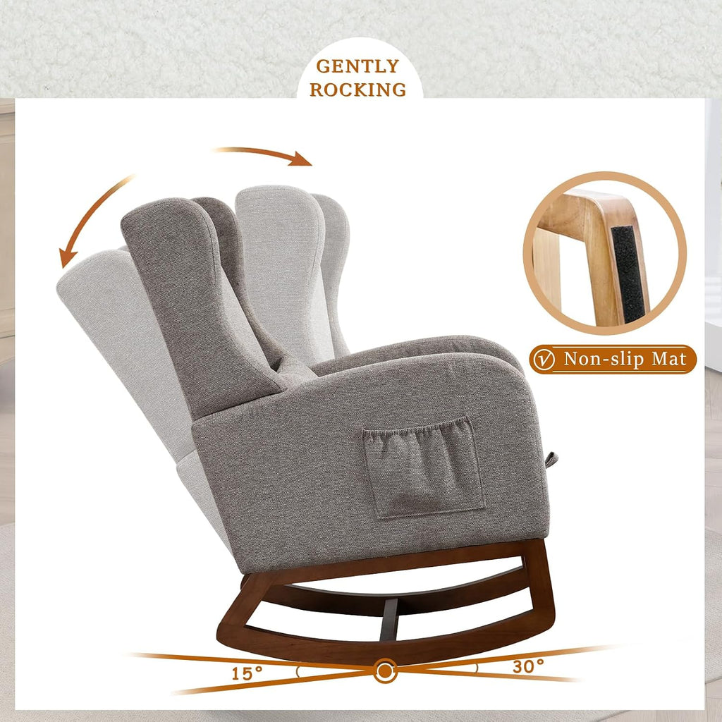 Modern Rocking Chair Nursery Glider, Comfy Rocker Nursery Chair with Foot Rest, Accent Reading Armchair with Pillow and Pocket, Upholstered Lounge Rocker with Solid Wood Base for Relaxing (Taupe)