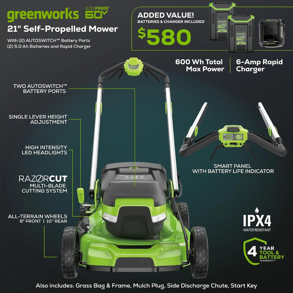 Greenworks 60V 21' Dual-Blade Self-Propelled Lawn Mower with (2) 5.0 Ah Batteries & Rapid Charger