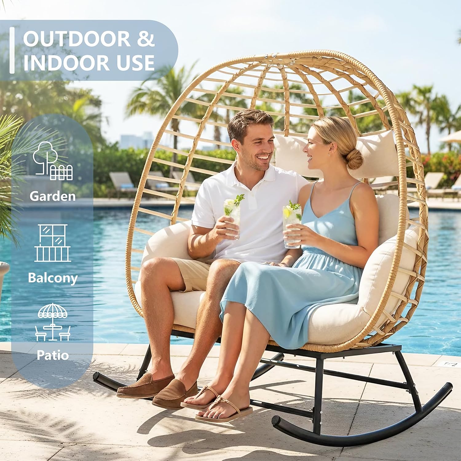 SWITTE Double Wicker Egg Rocking Chair Outdoor, Indoor Egg Swing Loveseat with Thick Cushions, Oversized 2-Person Patio Lounge Chair, 680 LBS Capacity for Balcony, Backyard, Porch-Beige