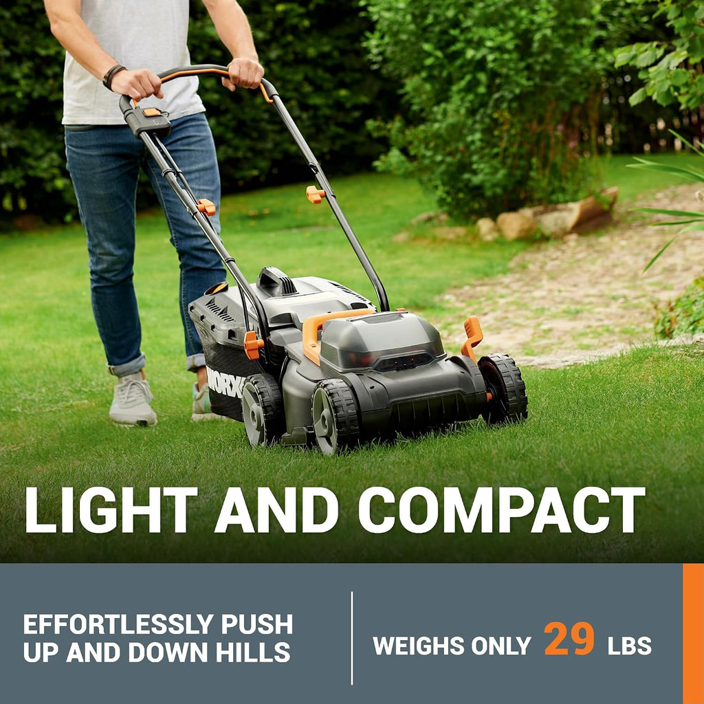 WORX 14' Cordless Lawn Mower, 2 in 1 Electric Mower Cuts Quietly, Compact & Lightweight Push Lawn Mower with 6-Position Height Adjustment for Small Yards, 2 Batteries & Charger Included, WG779