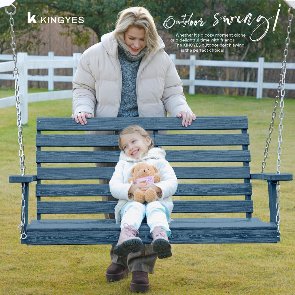 KINGYES Outdoor Hanging Porch Swing, 2 Seat Patio Swing Chair with Cup Holders, Waterproof Swing Chair Bench for Courtyard & Garden, 660LBS Weight Capacity, Blue