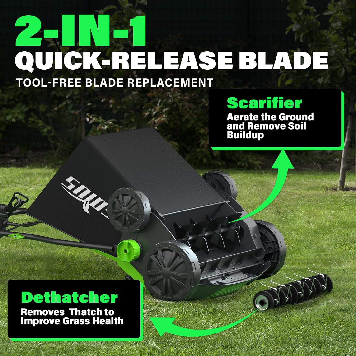 SOYUS 15-Inch 13-Amp Electric Dethatcher and Scarifier with 45L Removable Thath Collection Bag, Corded Lawn Dethatcher with 5-Position Depth Adjustment, Quick-Fold, Increases Lawn Health