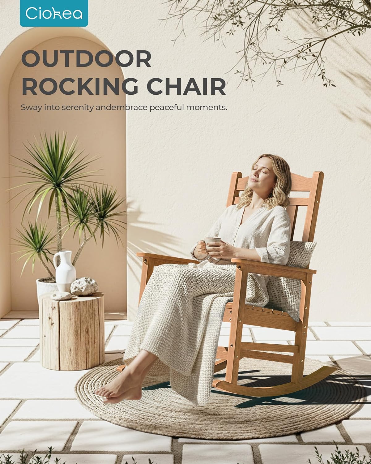 Ciokea Oversized Outdoor Rocking Chairs Set of 8, 380lbs Heavy-Duty Large Patio Rocker, High Back Cozy Porch Chairs, Weather Resistant Patio Rocking Chairs for Outside, Fire Pit, Deck, Teak