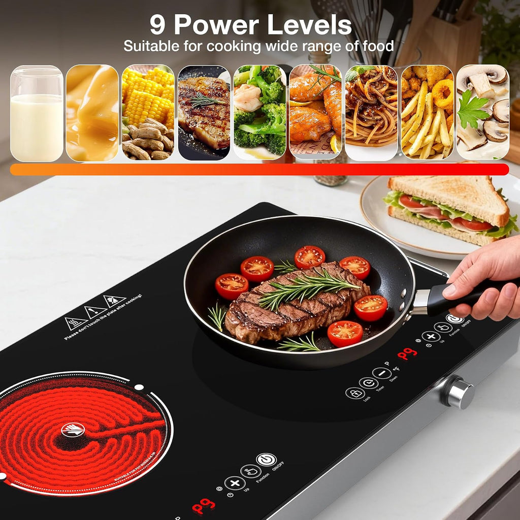 4000w Electric Cooktop 2 Burners, 23'' Electric Stove Top 110v with Plug in, GTKZW Knob Control Countertop & Built-in Ceramic Cooktop, 9 Power Levels, Child Lock, Timer, Over-Heat Protection