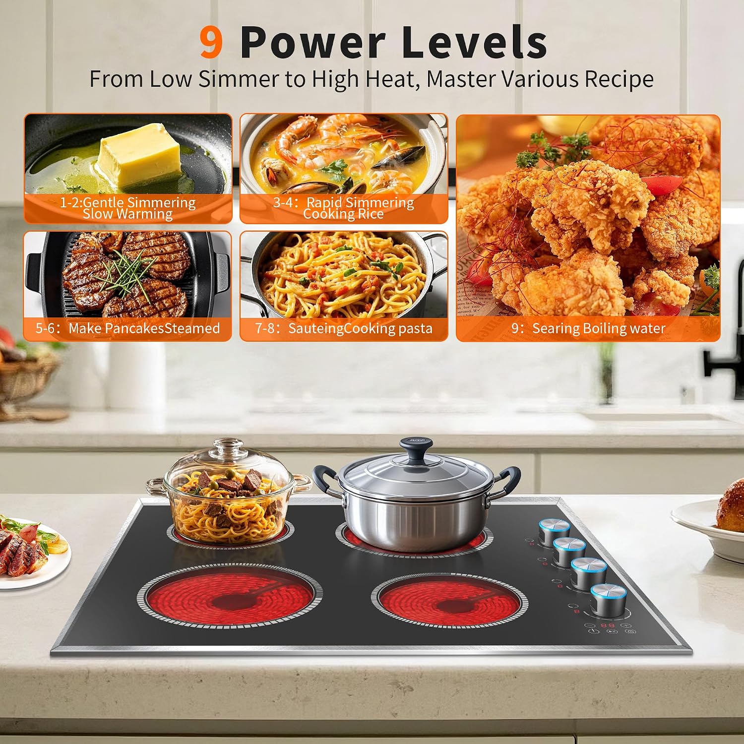 4 Burner Electric Cooktop, 24 Inch Electric Stove 6000W, 220V-240V Built-in Ceramic Stovetop with Knob Control, Child Lock, Timer Control, Residual Heat Indicator, Hard Wire(No Plug)