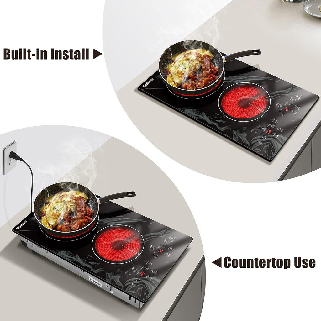 Karinear Portable Electric Cooktop 2 Burners, 110v Plug in Electric Stove Top, Countertop Use or Built-in Install, 12'' Ceramic Cooktop with Beautiful Wave Patterned