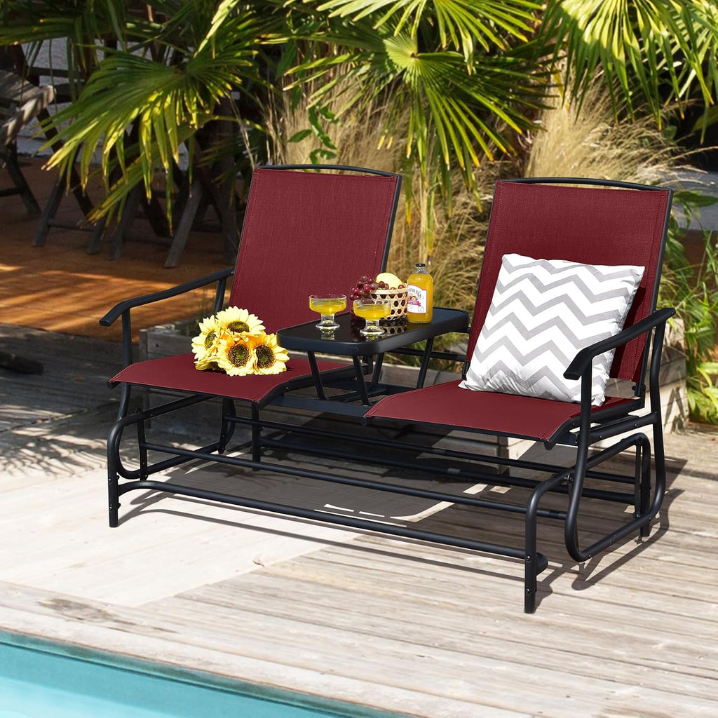 Tangkula 2 Person Swing Glider Chair, Patio Rocking Loveseat w/Center Tempered Glass Table, Outdoor Swing Bench w/Steel Frame & Breathable Mesh Fabric for Porch, Balcony, Poolside (Burgundy)