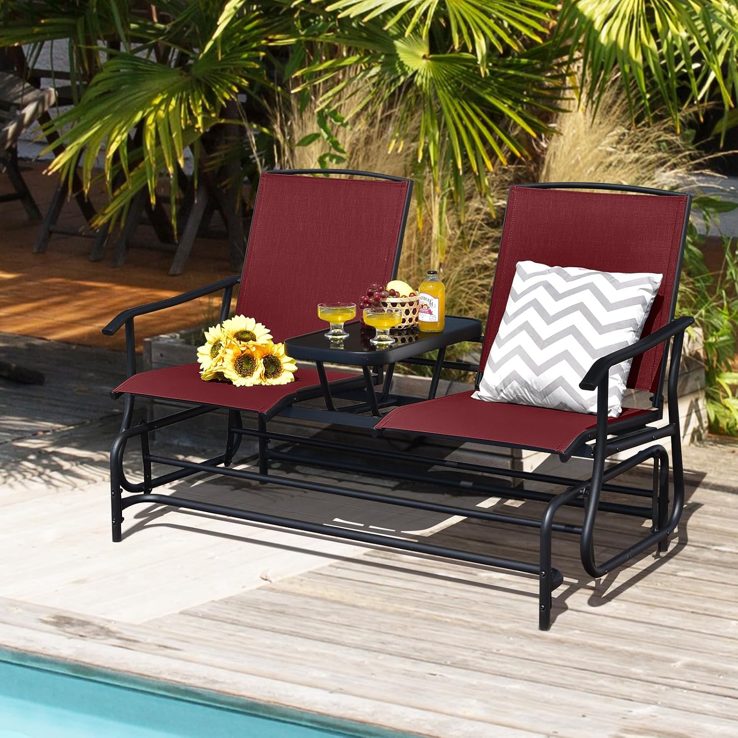 Tangkula 2 Person Swing Glider Chair, Patio Rocking Loveseat w/Center Tempered Glass Table, Outdoor Swing Bench w/Steel Frame & Breathable Mesh Fabric for Porch, Balcony, Poolside (Burgundy)