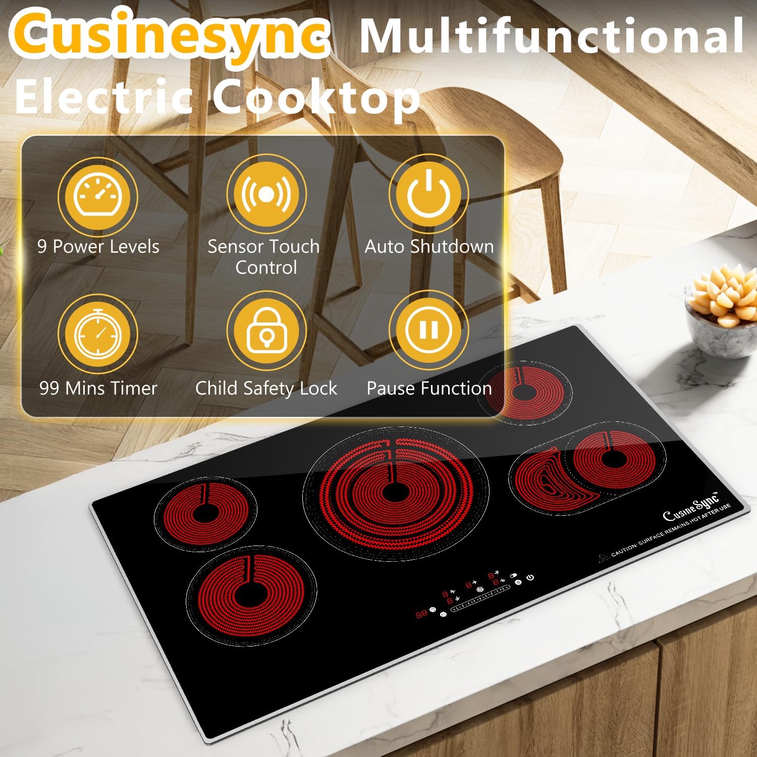 36 Inch Electric Cooktop 5 Burner, 9200W Built-In Ceramic Radiant Stove Top, 240V Hardwired, Works with All Cookware, Touch Control, Timer, Child Lock, Easy Clean Glass Surface