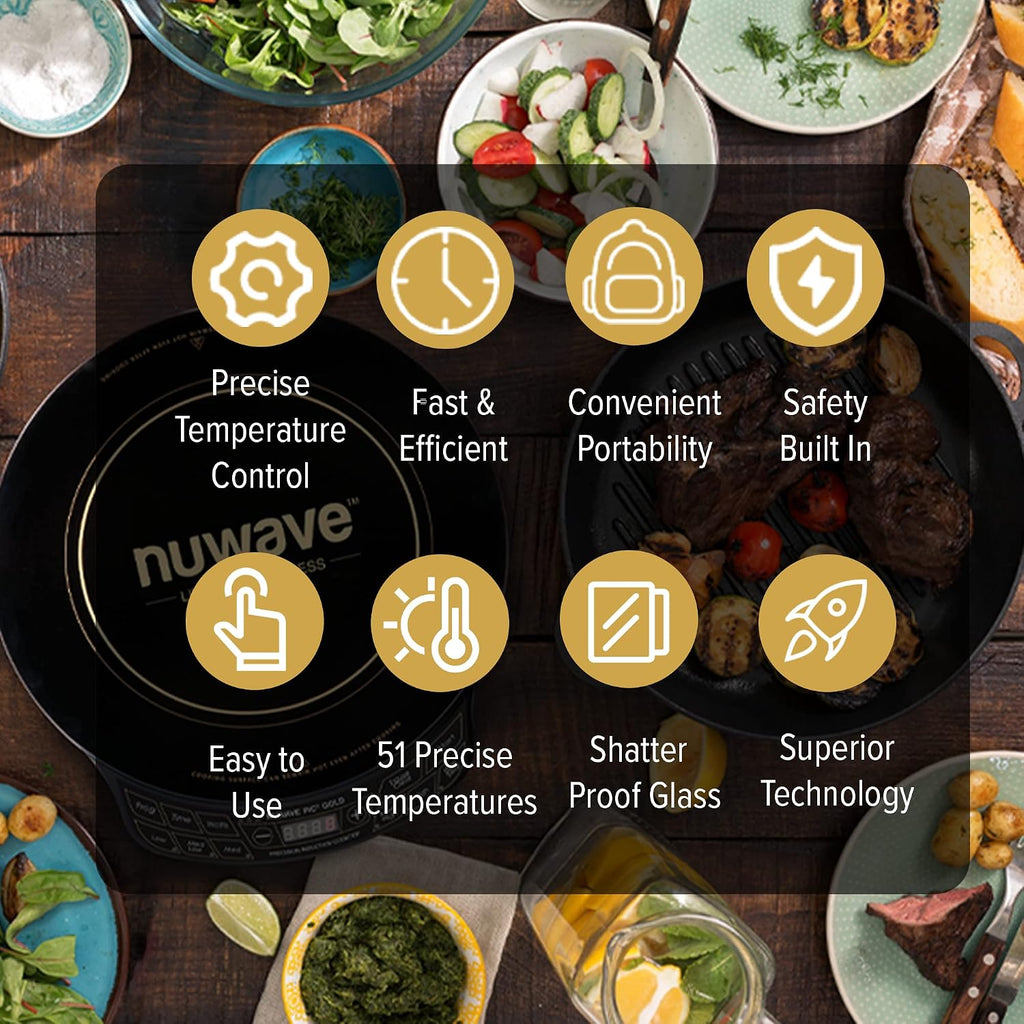 Nuwave Precision Induction Cooktop Gold, 12' Shatter-Resistant Ceramic Glass Surface, Large 8' Heating Coil, Portable, 96 Temp Settings 100°F to 575°F, 3 Wattage Settings 700, 900, and 1500 Watts